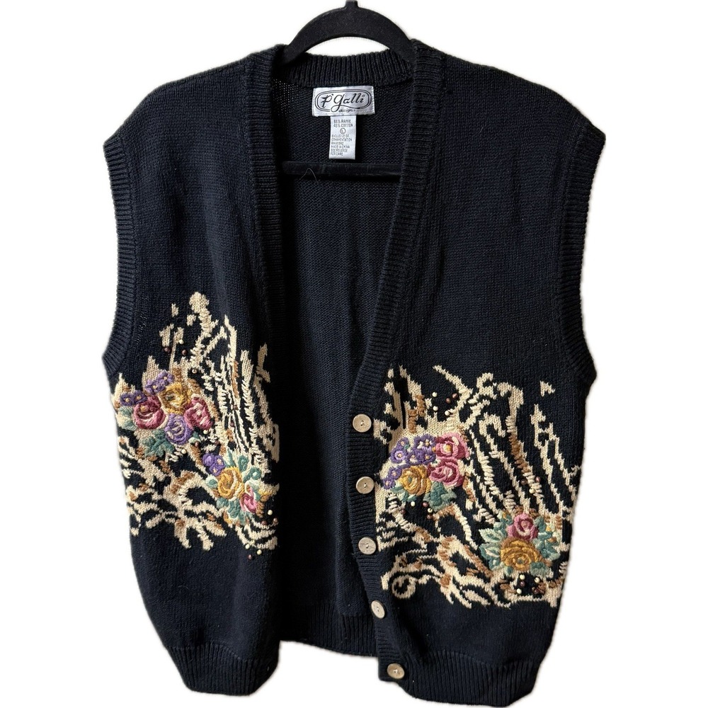 PGalli Designs Vintage Women's Black Floral Embroidered Knit Button Front Vest